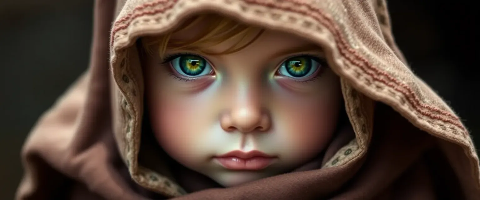1-year-old boy with emerald and gold eyes, hidden under tattered cloaks, showing a curious spark.
