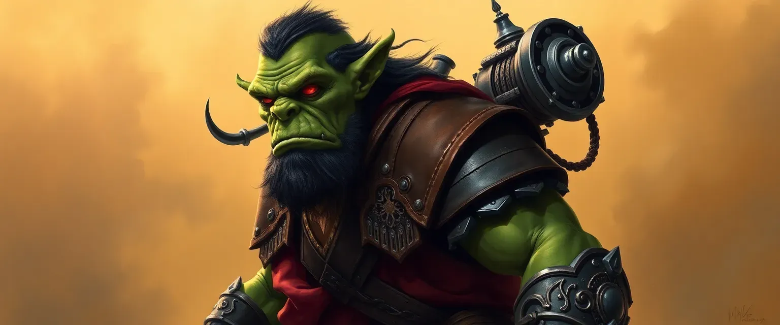 Seven-foot orc sorcerer with green skin, red eyes, mechanical contraption on back, wearing leather and ornate armor.