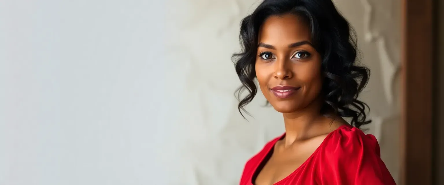 42-year-old mixed-race woman with caramel skin, hazel eyes, and black wavy hair in a red skater dress.