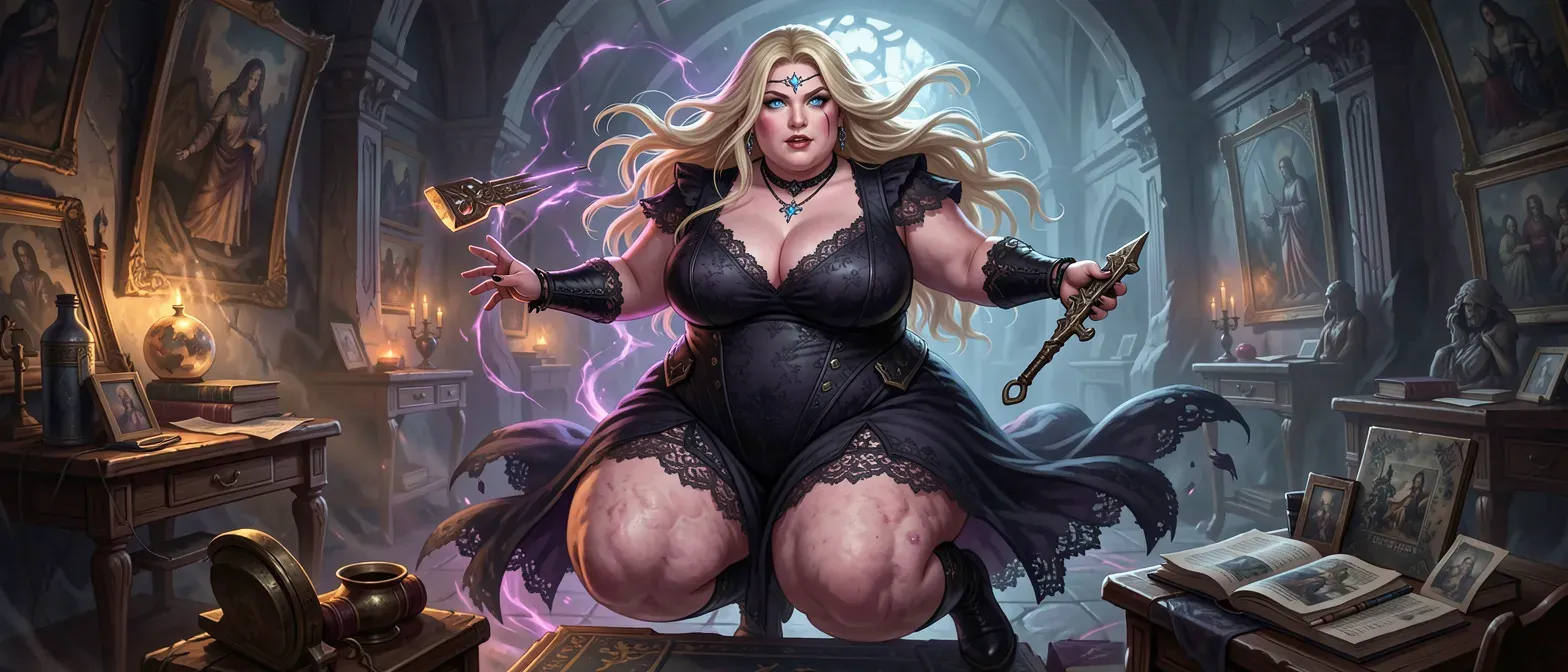 25-year-old blonde goth woman with long hair, blue eyes, overweight build, heavy bottom, cellulite and lipedema legs, wearing dark lace dress.