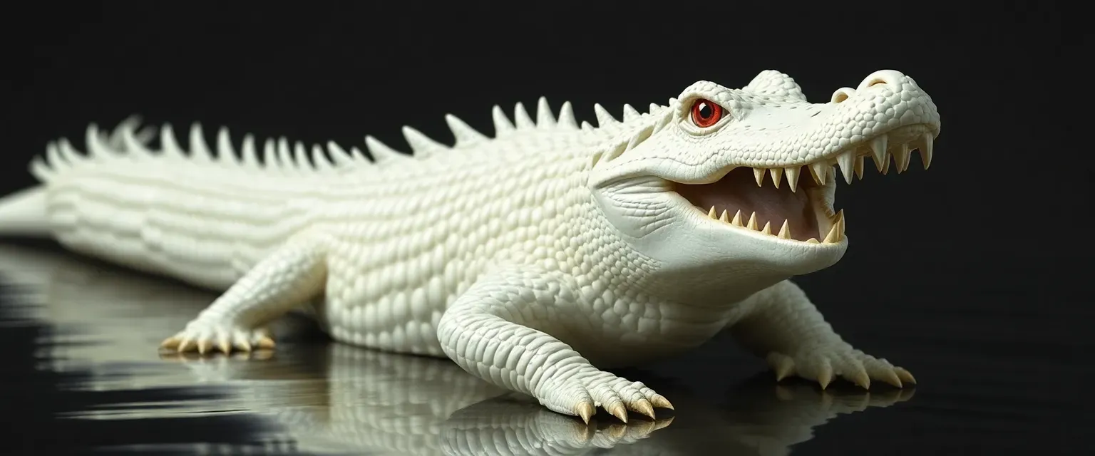 An albino crocodile named Albus with shimmering ivory scales and piercing red eyes; possesses supernatural abilities including an ethereal stand resembling himself.