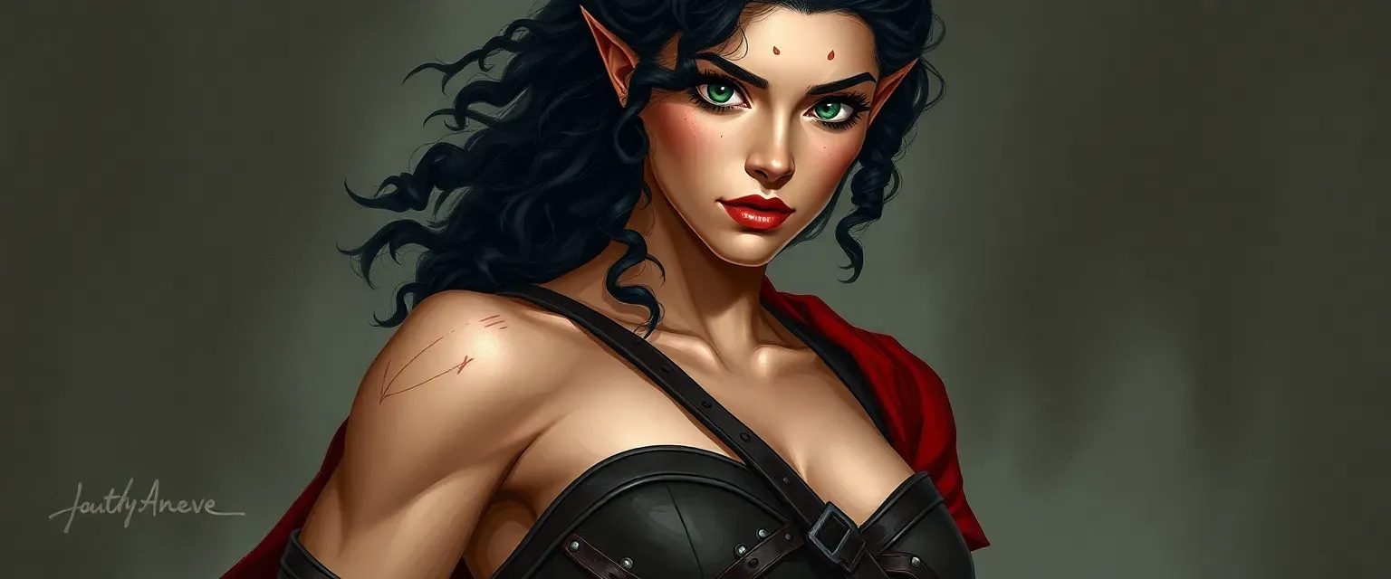 Tall, muscular woman with battle scars, green eyes, dark curly hair, wearing reinforced leather tunic and a crimson cloak.