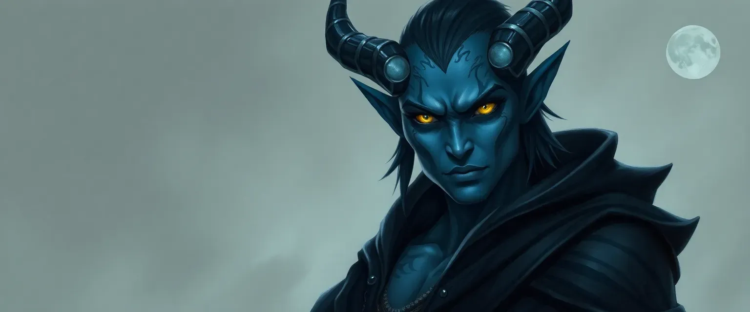 Shadow moon elf with indigo skin, silver tattoos, yellow eyes, muscular build, wearing a shadow cloak.