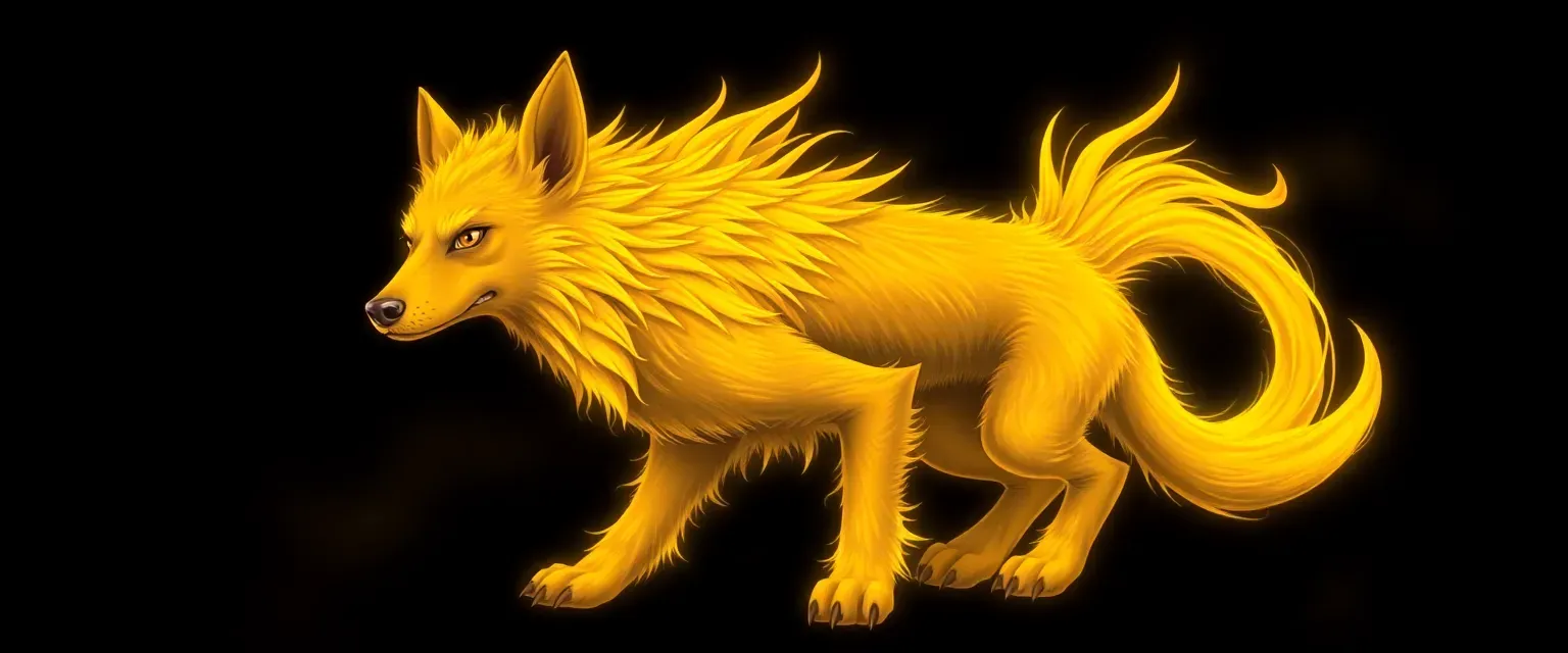 Vibrant yellow dog, demigod of chaos, with glowing fur and mischievous eyes, wearing no clothes.