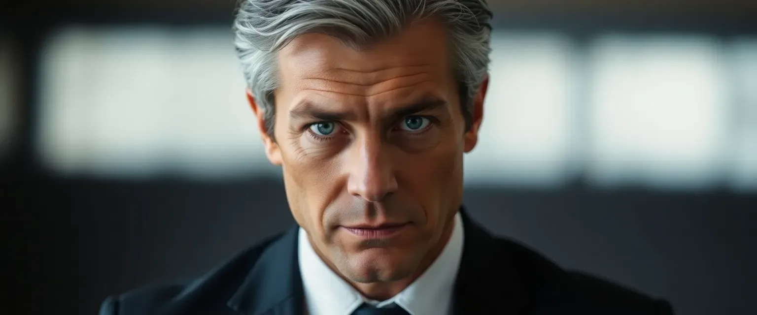 Late forties, silver-streaked black hair, piercing blue eyes, well-tailored suit, muscular build.