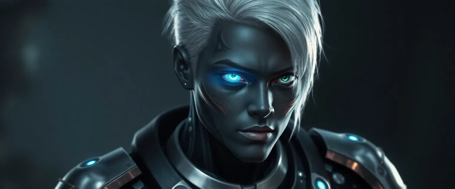 27-year-old cyborg spy with silver hair, dark synthetic skin with patterns, one glowing blue cybernetic eye, and metallic limbs.