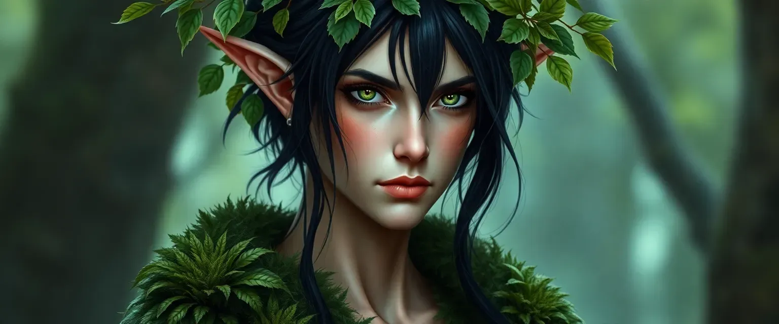 Tall elvish druid with black hair adorned with leaves, wearing a mossy cloak, green eyes filled with distrust.