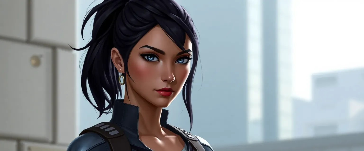 Non-binary spider woman variant, youthful, dark hair in ponytail, silver eyes, modern attire, detached yet protective.
