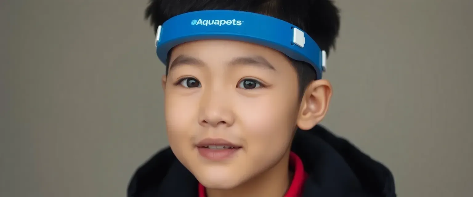 A 14-year-old mute boy named JingJing with panda-like features wears an Aquapets-branded headband that allows him to speak through lip-reading technology.