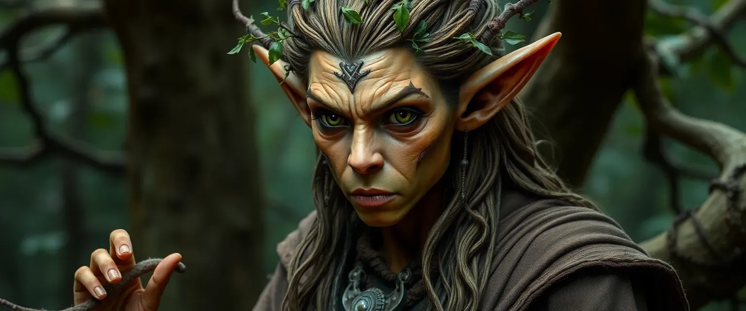 Wood elf druid with oak-colored skin, dark sap eyes, leaf-vine hair, wearing decay-thread robes.