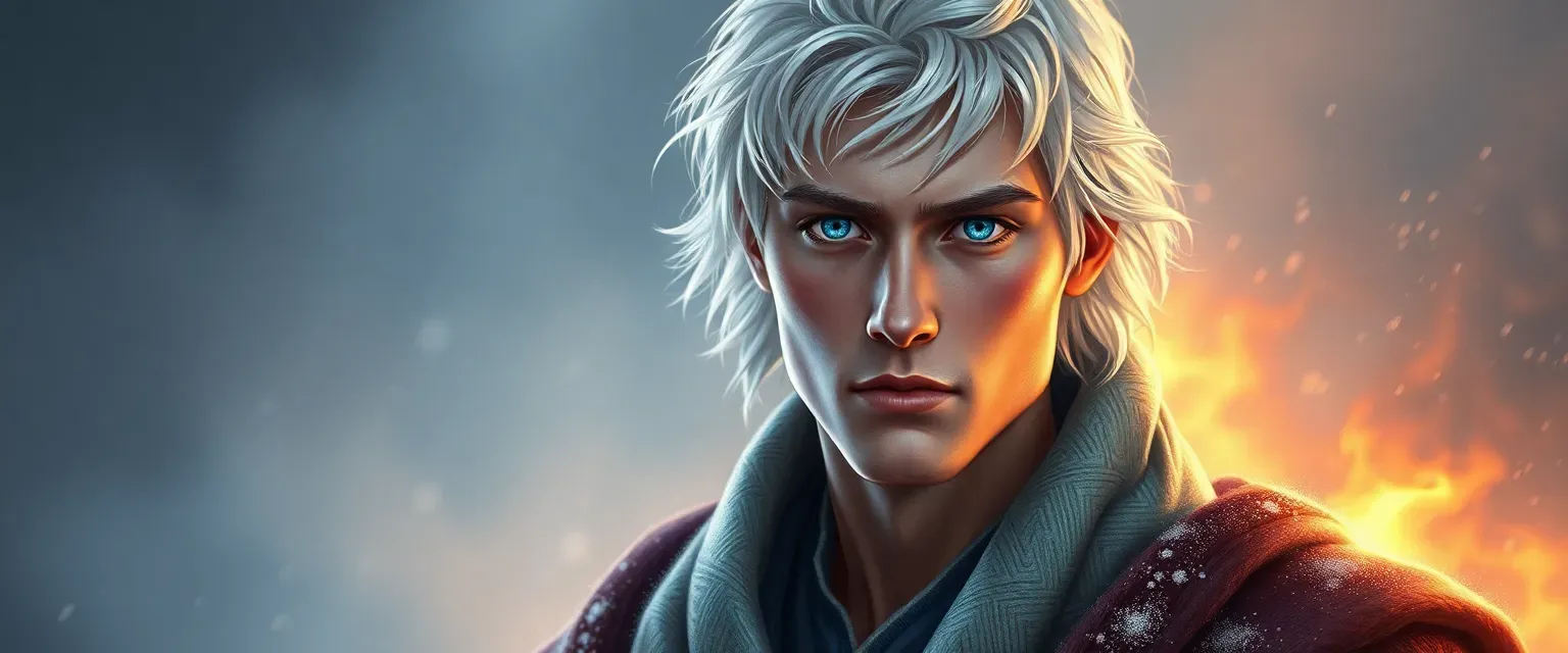 Young man with silver hair and icy blue eyes, wearing a robe shifting between winter's chill and hearth's glow.