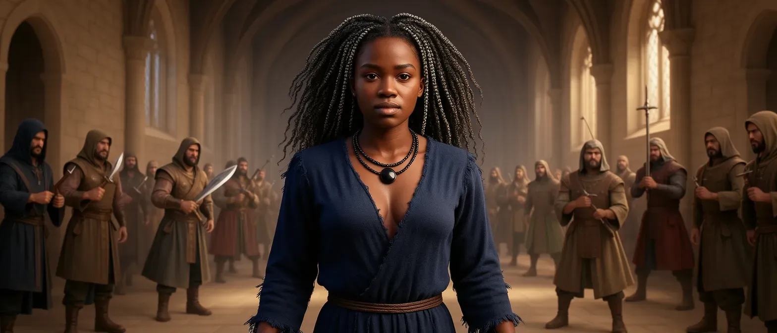 Sixteen-year-old black girl with ebony skin, wild coiled hair tied with silver threads, wearing frayed midnight blue mage robes and an obsidian necklace, standing in a fantasy academy hall with a determined expression.