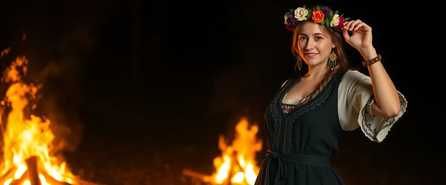 Slavic woman, 30s, traditional tribal cloths, flower crown, dancing confidently around bonfire at night.