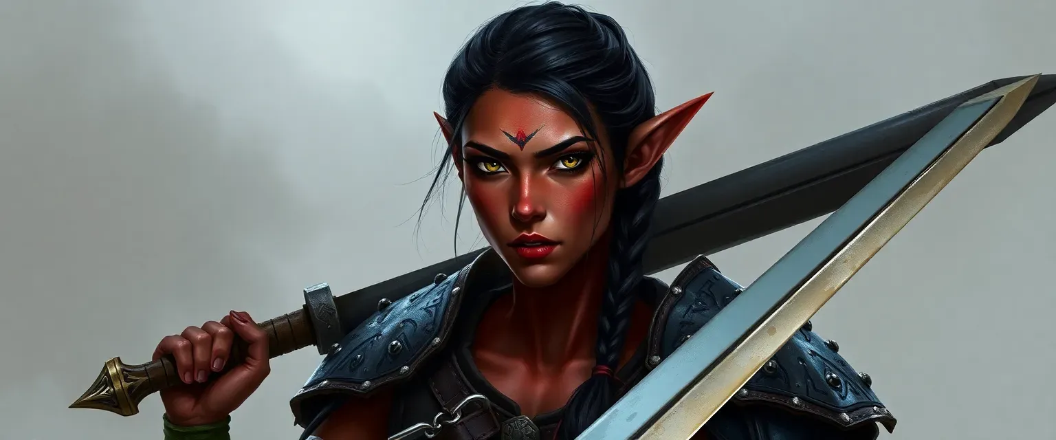 32-year-old Tiefling woman with red skin, yellow eyes, dark hair in a warrior's braid, wearing reinforced leather armor, carrying a greatsword.
