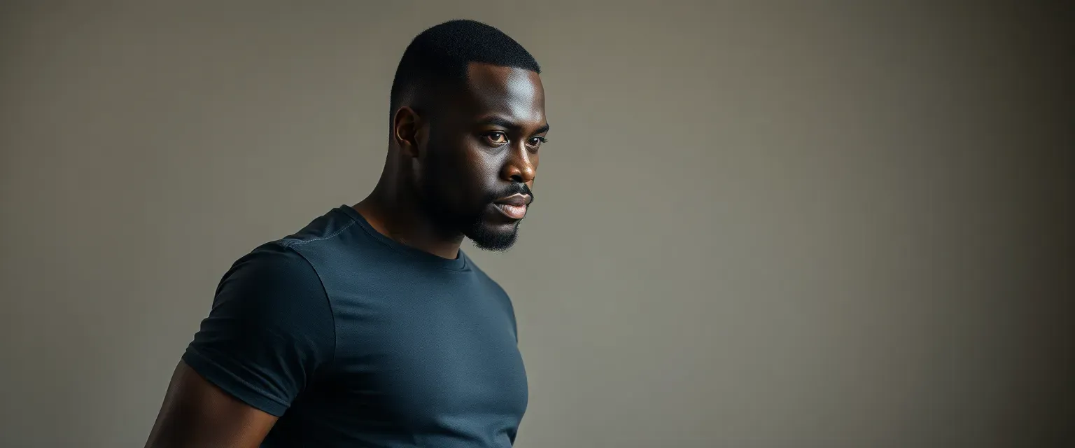 A Black man in his late thirties, lean and muscular, with short hair and deep ebony skin, wearing a t-shirt, jeans, and sturdy boots.