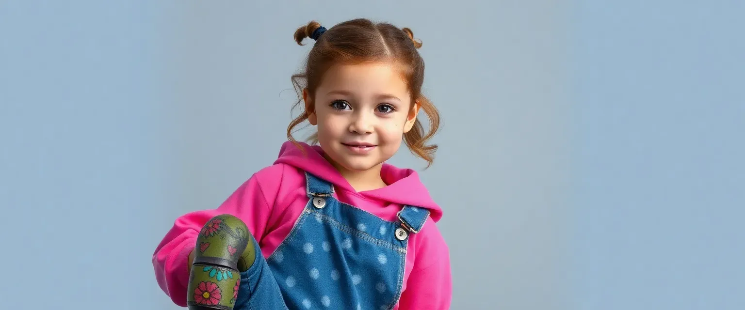 Nine-year-old girl with chestnut curls, freckles, and a prosthetic right leg painted with whimsical designs, wearing a bright pink hoodie and denim overalls.