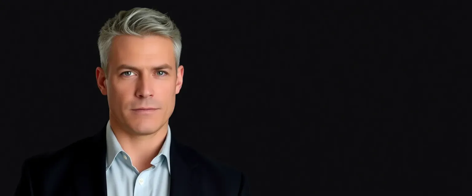 38-year-old man, 6'2", muscular, short salt-and-pepper hair, sharp eyes, wearing a dark tailored suit.