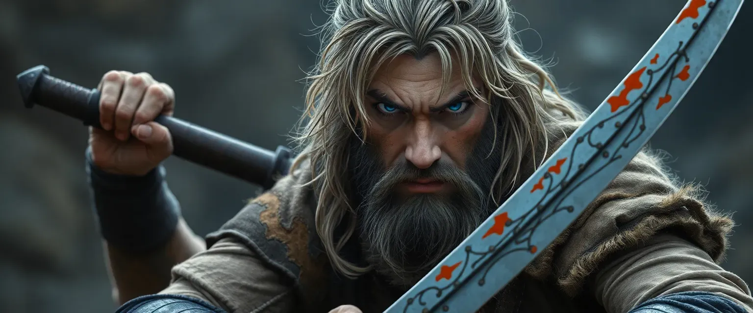 A weathered warrior with grizzled hair and piercing blue eyes, dressed in a patched leather tunic, wielding a double-edged sword.
