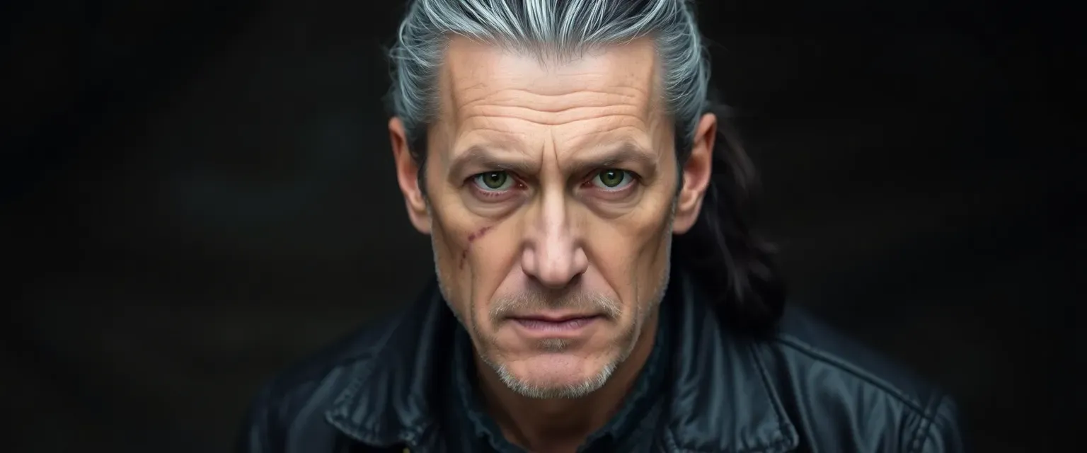 A 42-year-old man with gray-streaked black hair in a ponytail, piercing green eyes, a scar on his face, wearing a dark leather jacket, jeans, and boots.