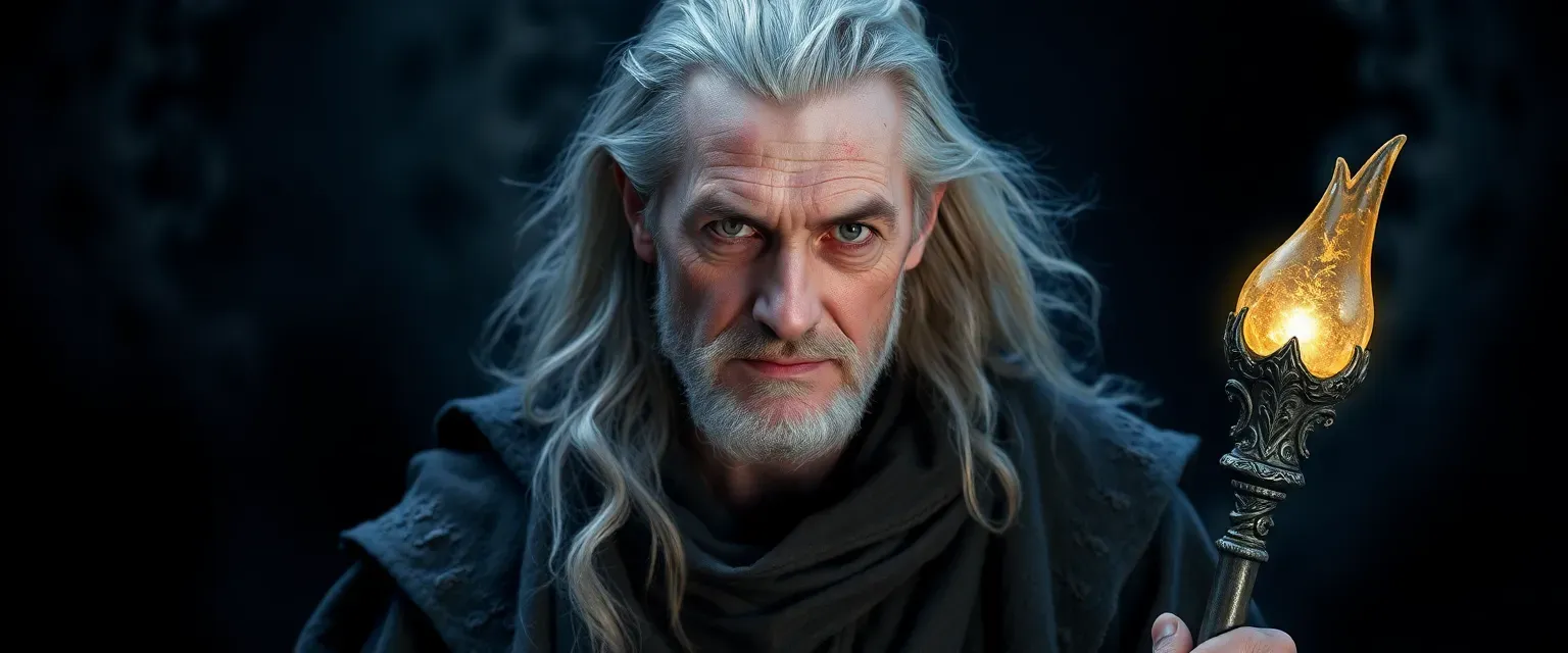 A man in his late forties with silver hair and scarred face, wearing tattered dark robes and holding a glowing staff.