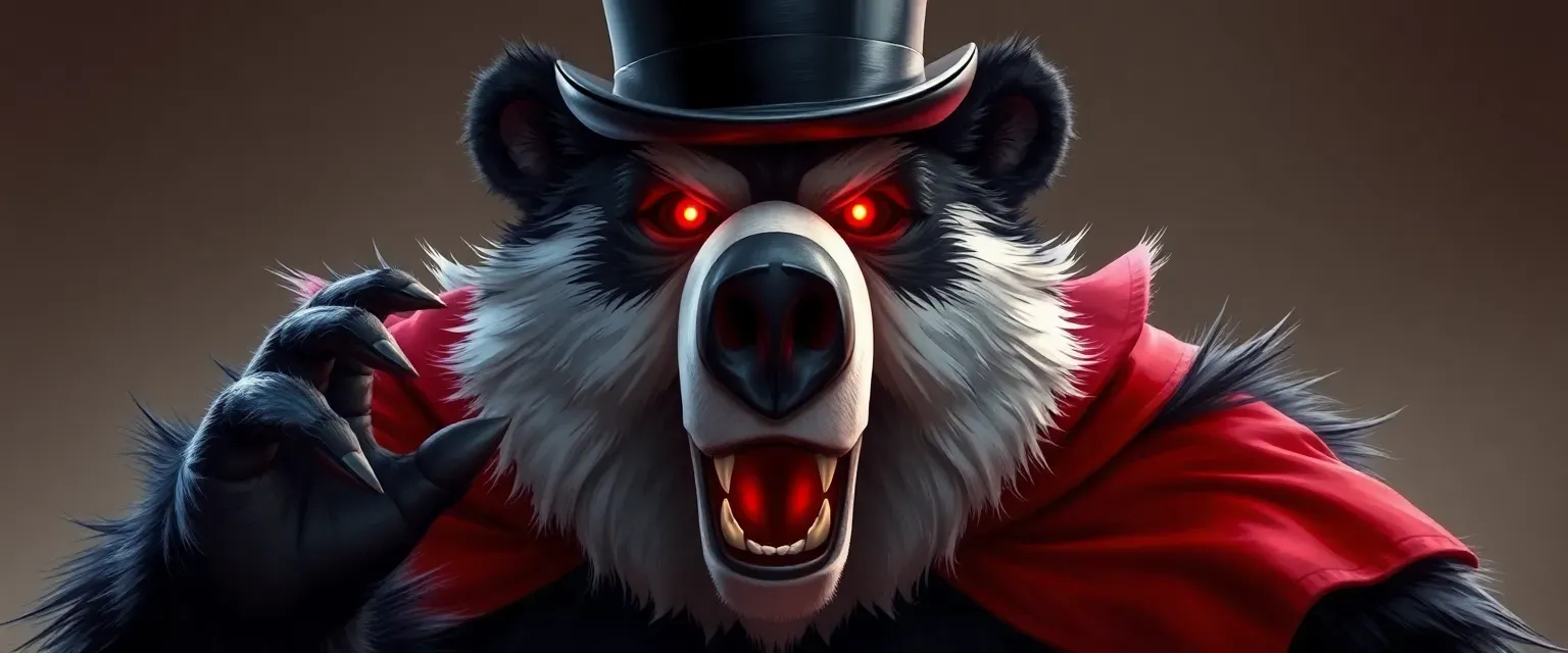 A six-foot tall humanoid bear with black and white fur, red glowing eyes, wearing a ringmaster's top hat and crimson cape.