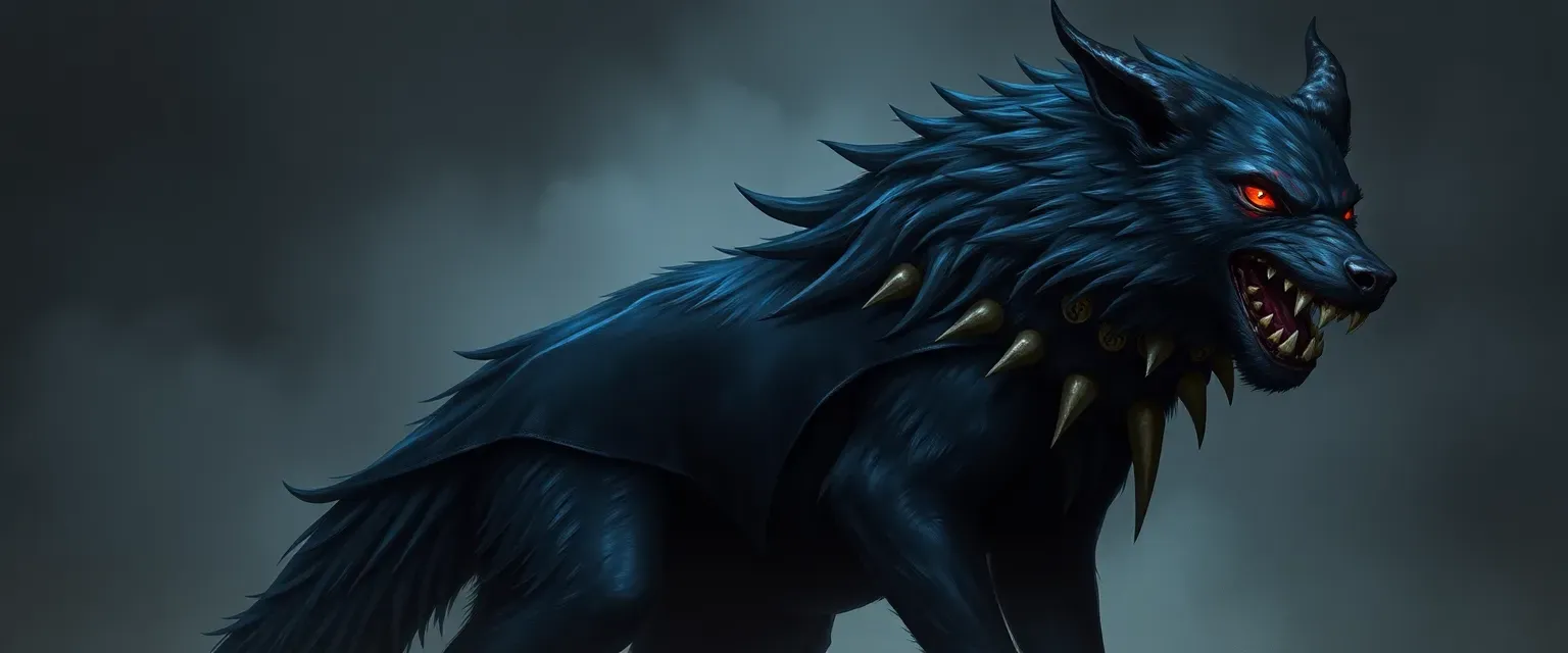 Tall demon wolf with obsidian fur, crimson eyes, and a shadow cloak, adorned with infernal runes and a bone-spiked collar.