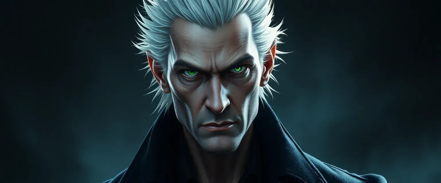 Lean man in his late thirties, dark coat, piercing green eyes, stark white hair, gaunt features.