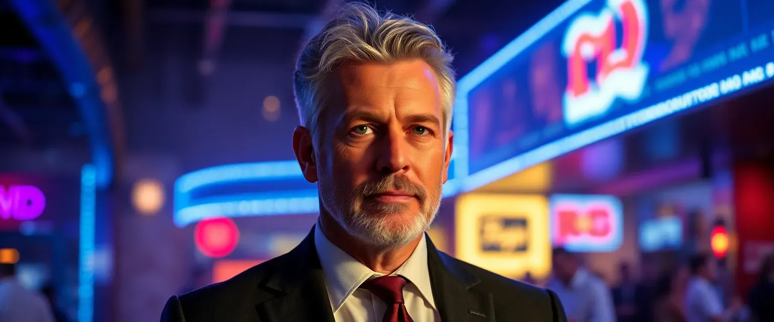 A 45-year-old man with salt-and-pepper hair, sharp features, wearing a tailored suit, standing in a neon-lit club.