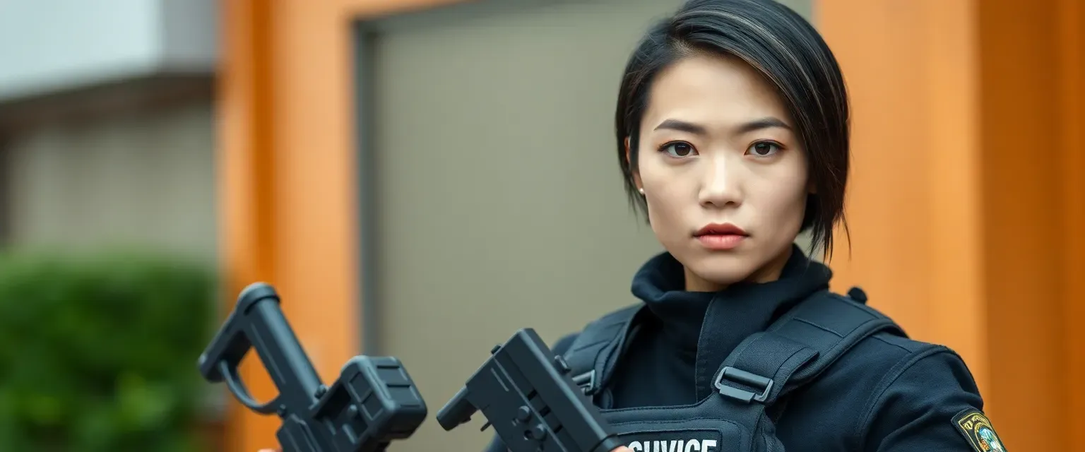 Asian-American SWAT officer in tactical gear, athletic build, short black slicked hair, striking eyes, pouty lips, stern expression, mid-30s, carrying police equipment.