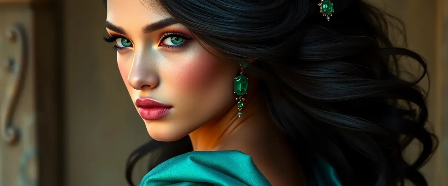 Young woman with sun-kissed skin, deep green eyes, raven black hair adorned with jewels, wearing a silk gown in sapphire and emerald hues.
