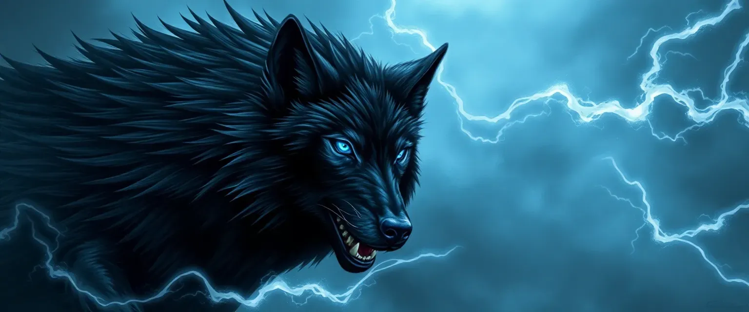 Majestic wolf with dark fur and electric blue eyes, commanding storms.