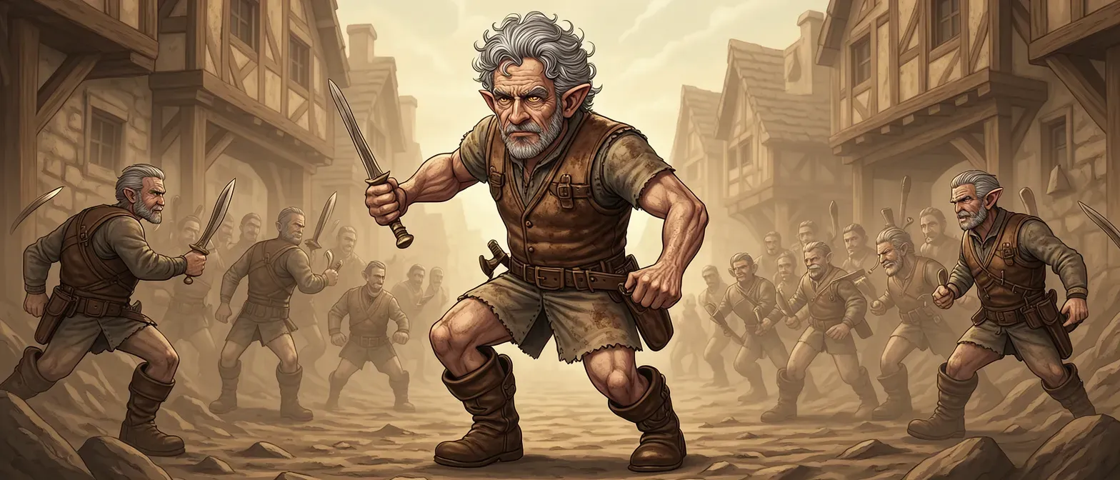Wiry, middle-aged gnome with iron-gray curly hair, dust-covered skin, sharp hazel eyes, wearing patched leather jerkin, tool belt, and sturdy boots in a mining town.