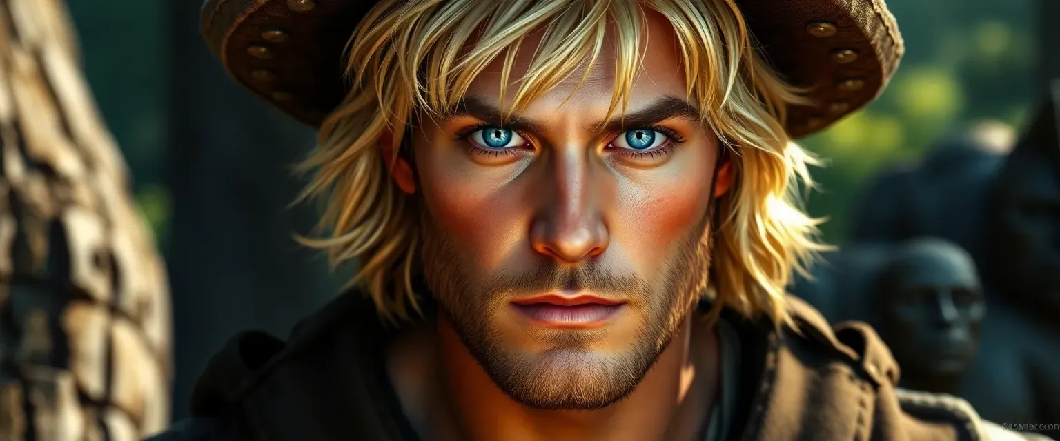 25-year-old human male, blonde, blue eyes, large stature, farm-raised, rugged appearance.