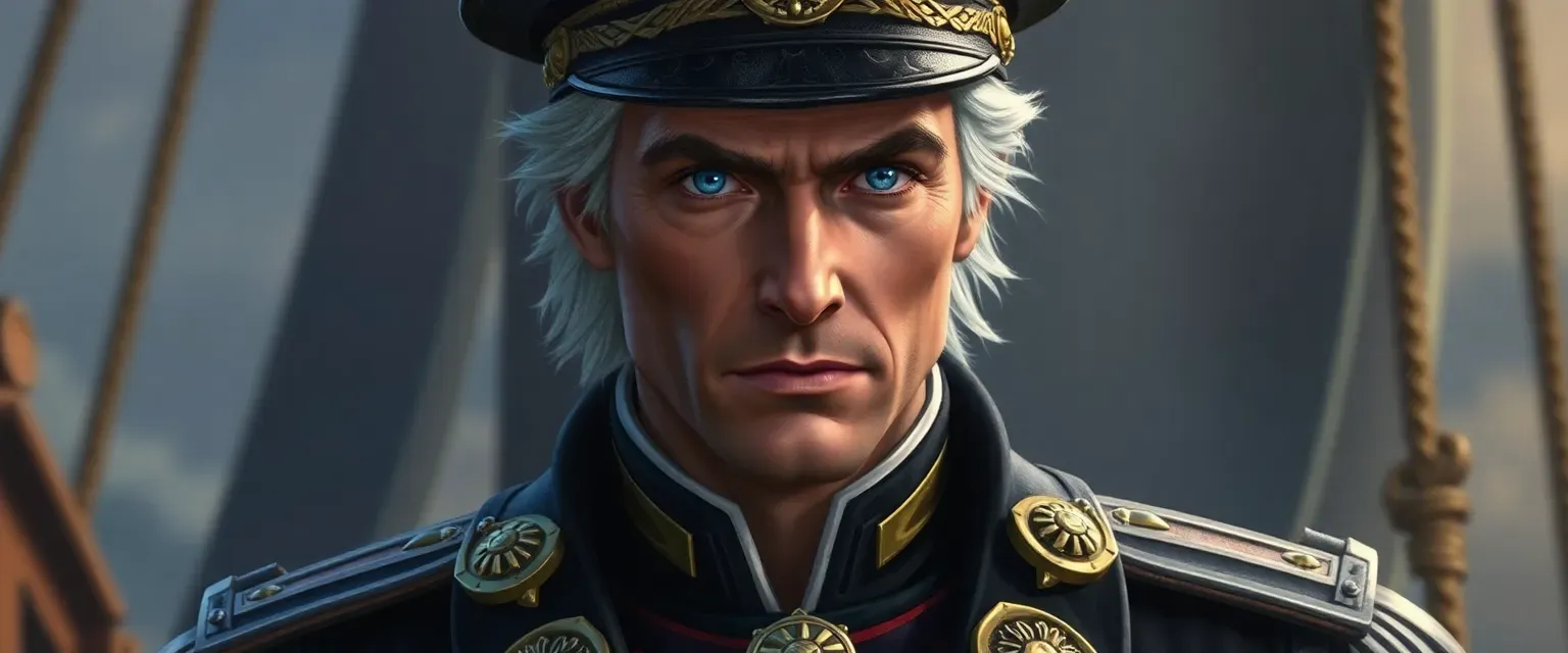 A seasoned naval captain with silver-streaked hair and piercing blue eyes, wearing a decorated Imperial uniform.