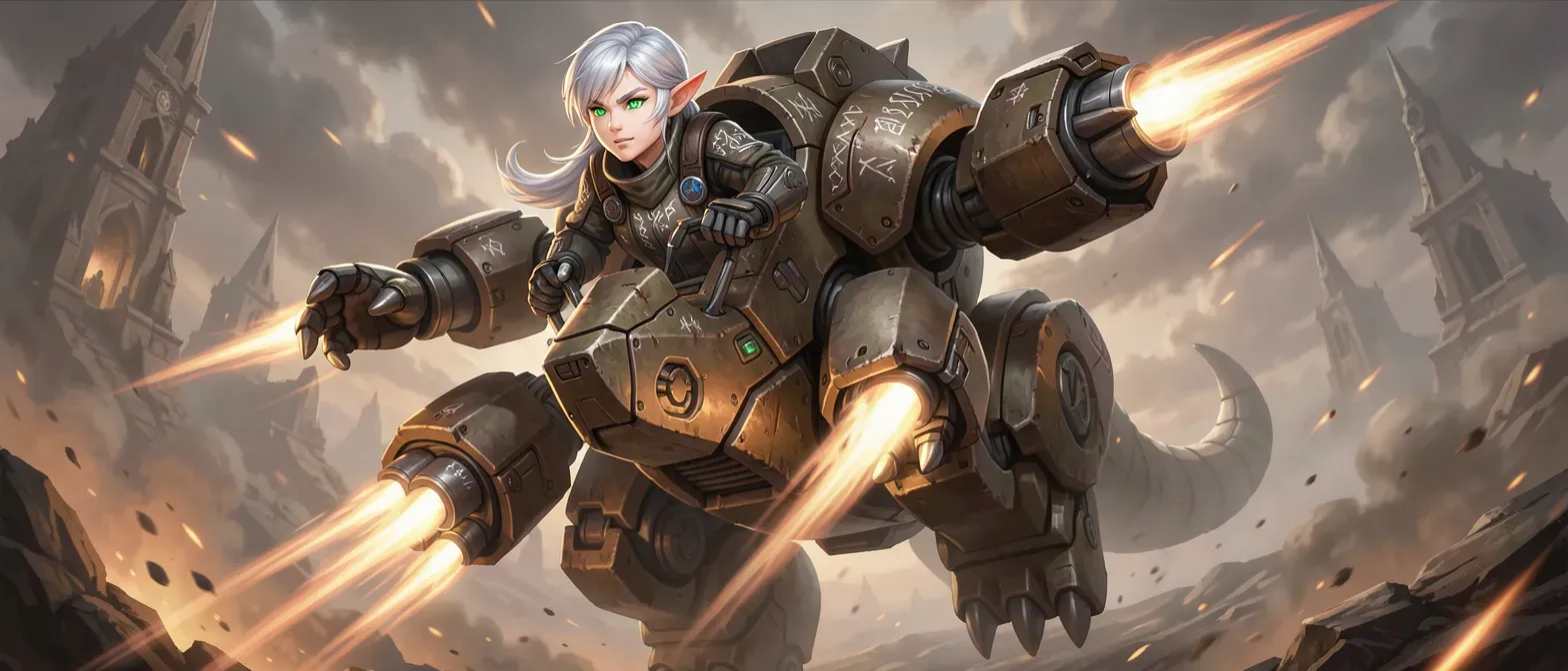 20-year-old silver-haired elf in rune-laced pilot suit, emerald eyes, piloting rhino mecha with thrusters and gauntlets.