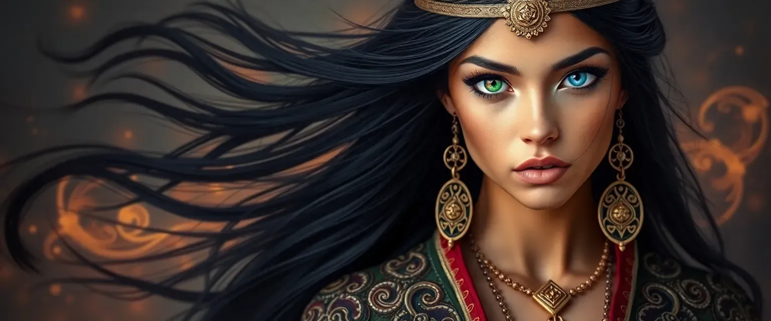 A regal young woman with tan skin, mesmerizing kaleidoscope eyes that shift colors, and flowing black hair. She wears ornate robes with elemental symbols, emanating an aura of ancient power.