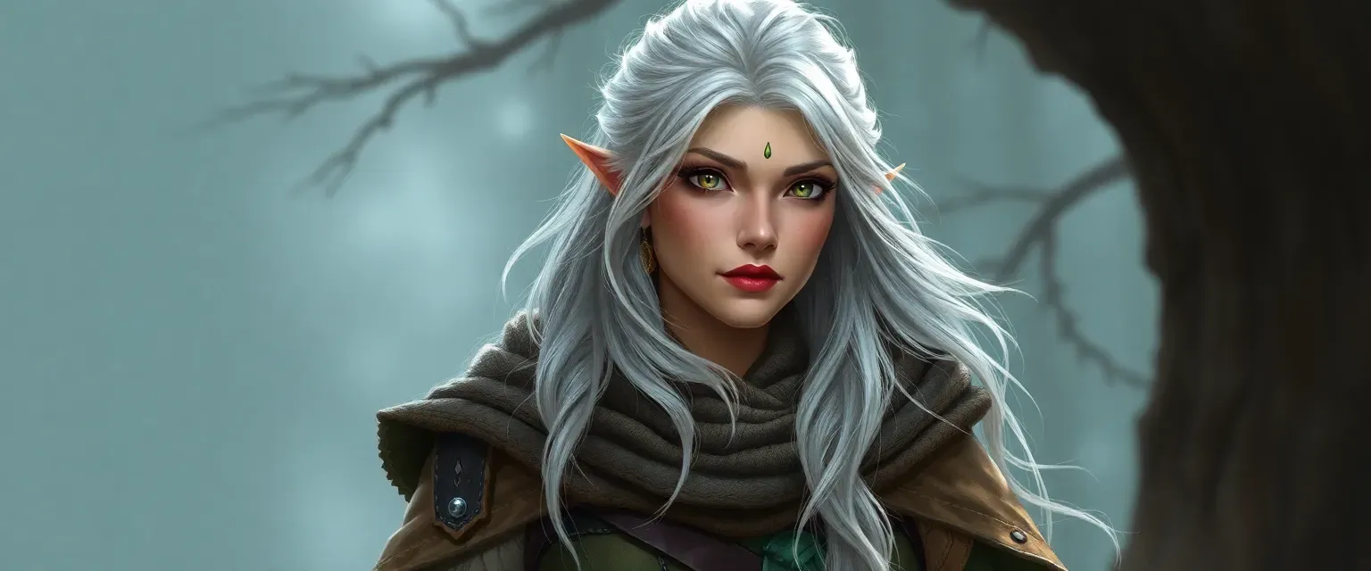 Tall firbolg woman with silver hair, gentle eyes, wearing earthy-toned leathers and a forest cloak.