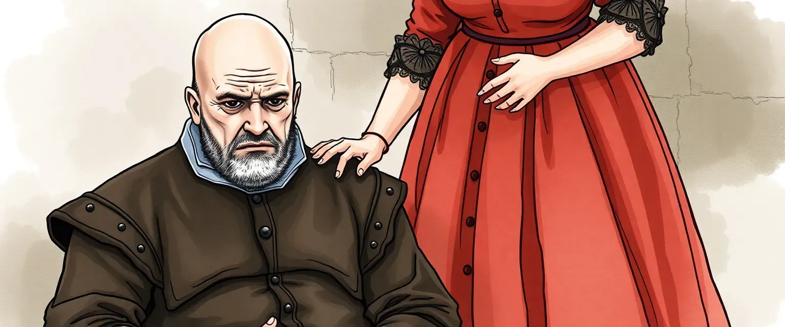 A dejected bald man in medieval clothing sits, while a robust woman in a medieval dress stands over him, both in watercolor style.