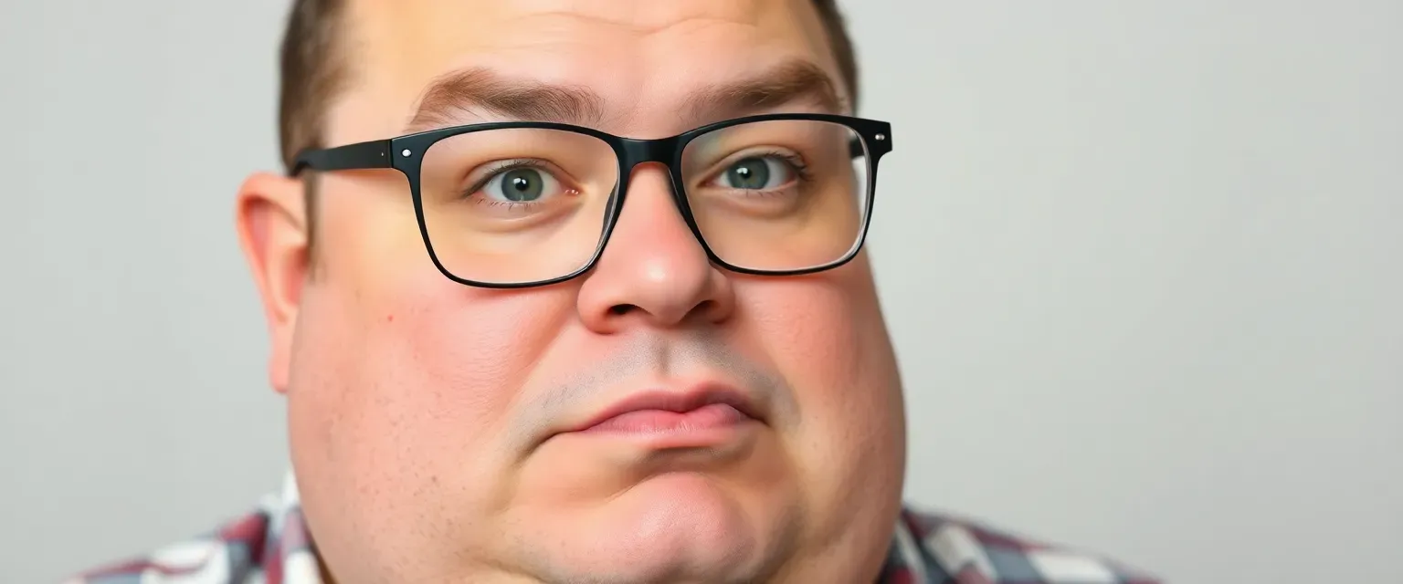 A fat, balding man in his late thirties with glasses, plump lips, and an awkward demeanor.