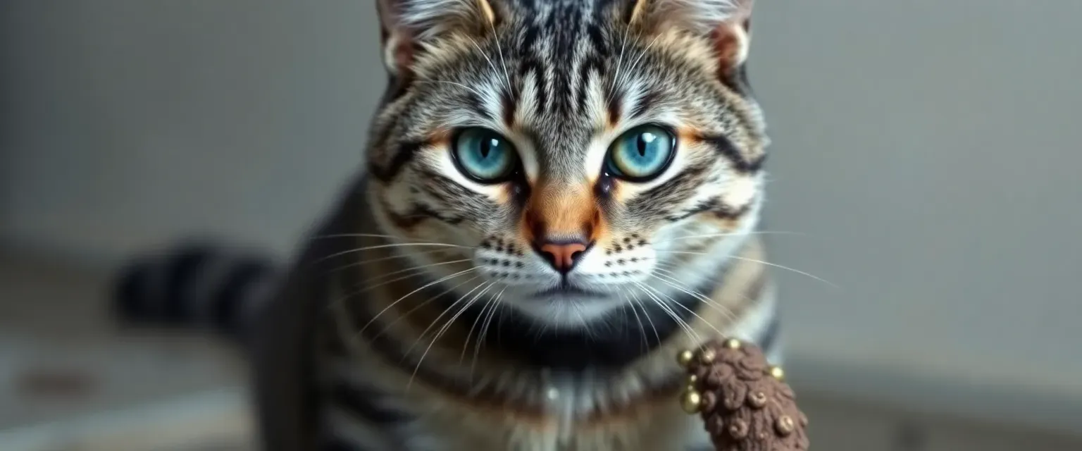 Gray tabby cat with no neck, blue eyes, scars, and grimy fur, carrying small shiny objects.