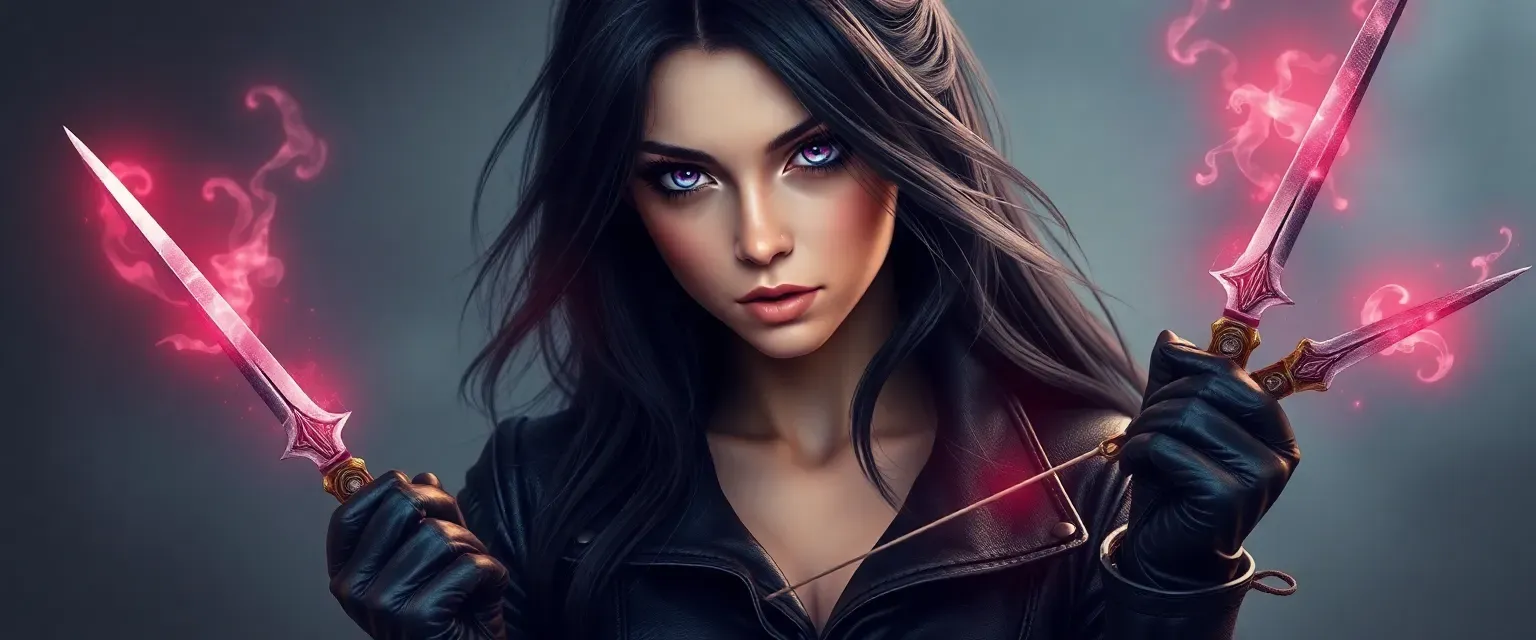 Young, pale-skinned woman with violet eyes and long black hair, wearing dark leather suit with magical runes, holding enchanted daggers.
