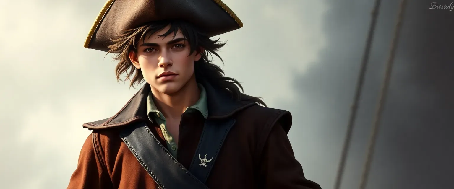 22-year-old pirate with tousled dark brown hair, strong build, wearing a pirate jacket, breeches, and hat.