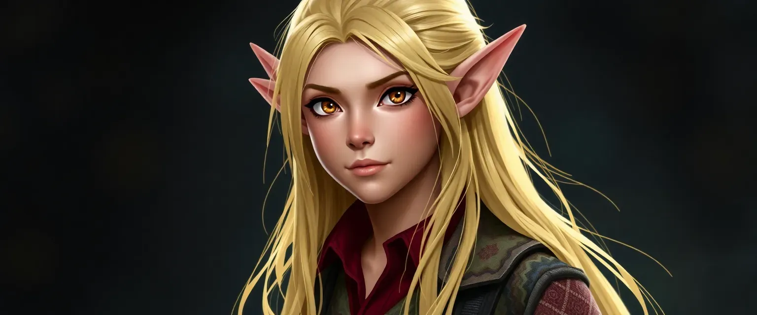 Young Astral elf with long blond hair, tan skin, pointed ears, heterochromatic eyes, wearing a red collared shirt and patchwork jacket.