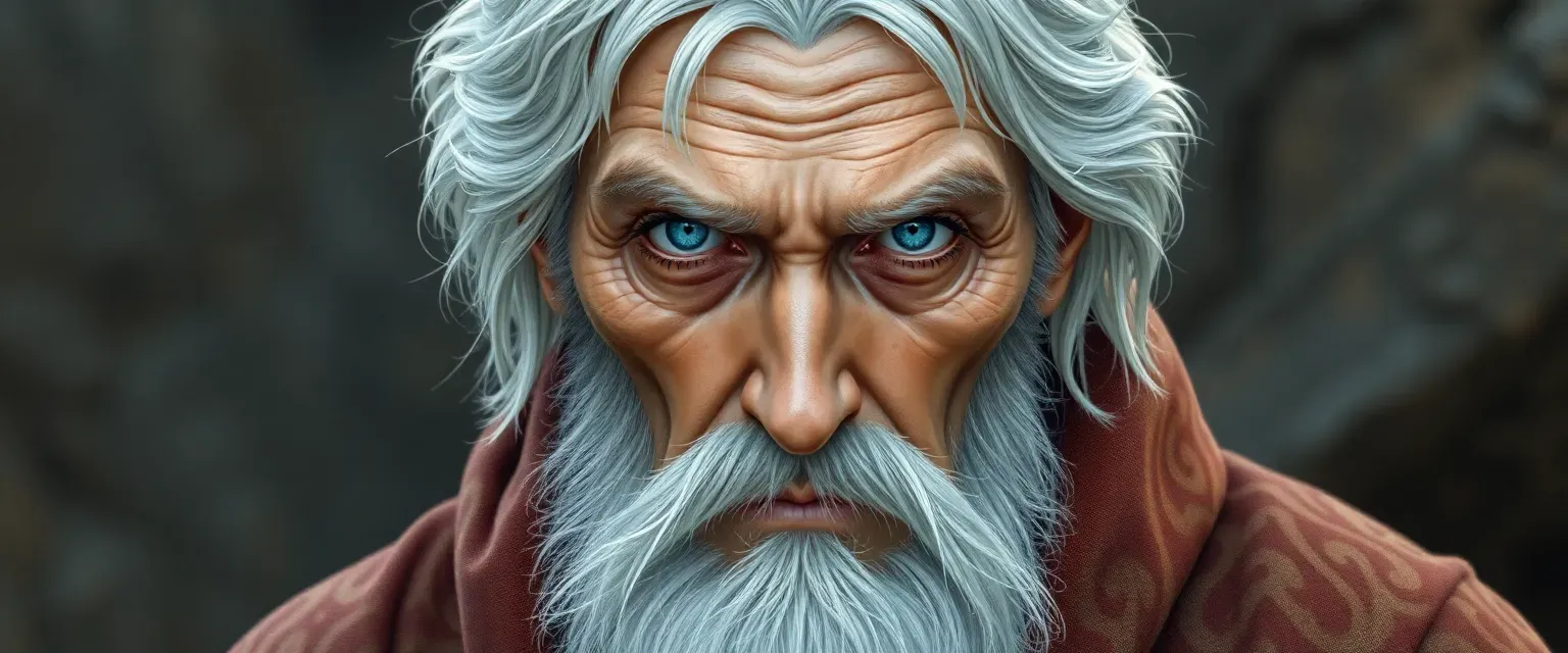 Elderly man with silver hair and piercing blue eyes, wearing rich, patterned robes.