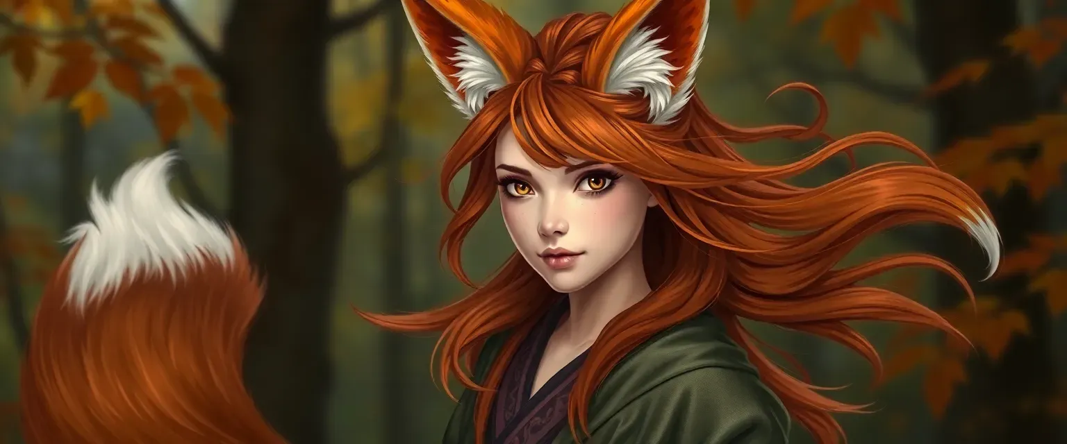 Young kitsune woman with flowing autumn-colored hair, fox ears, and tail, wearing a forest-hued silk robe.