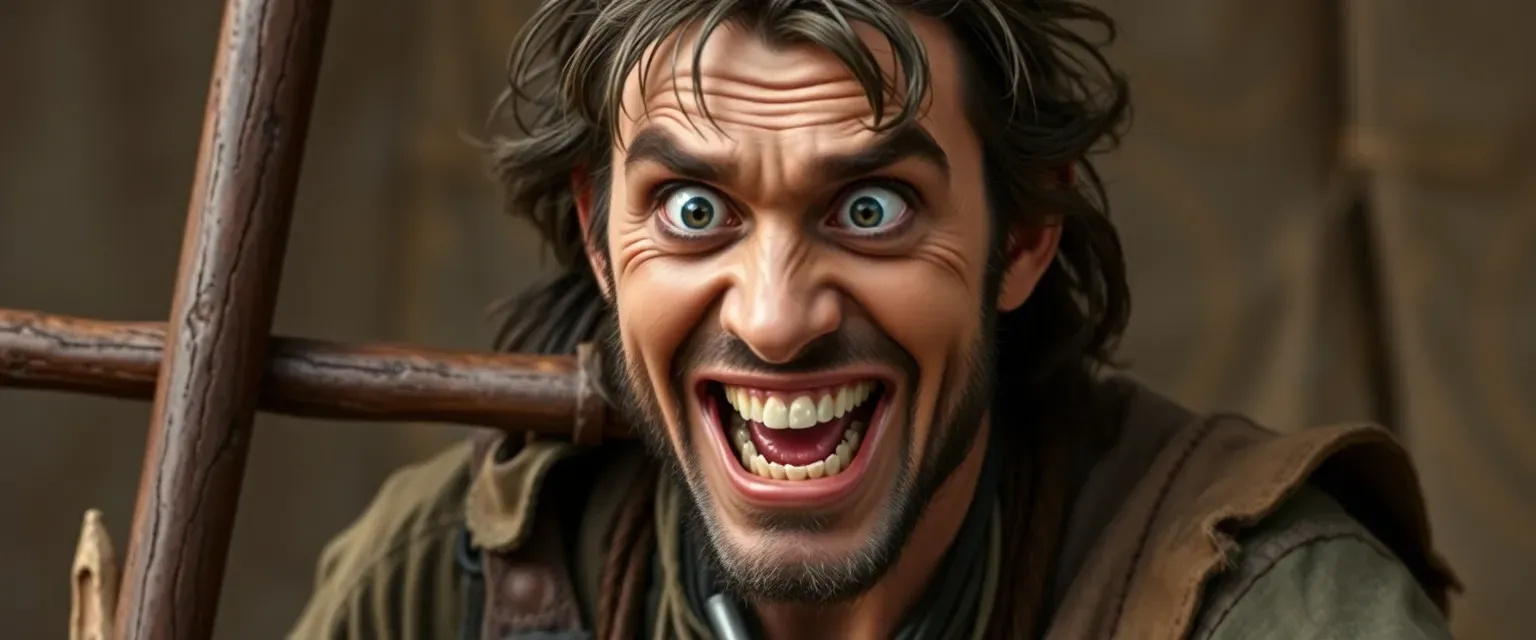 Thirty-year-old man with a scared face and lunatic smile, wearing tattered clothes, holding a simple club.