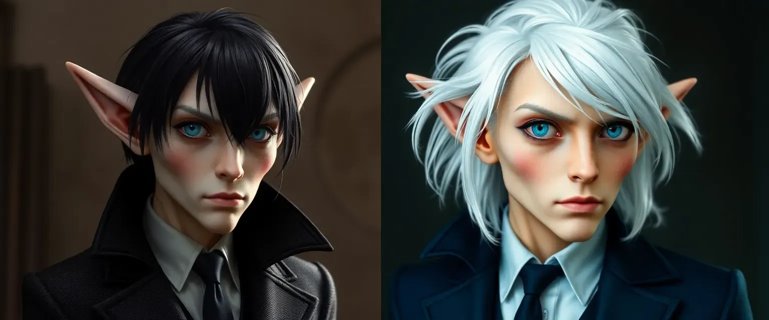 Changeling with pale skin, white hair, milky eyes in private; black hair, tan skin, blue eyes in detective guise, wearing a blue and black suit.