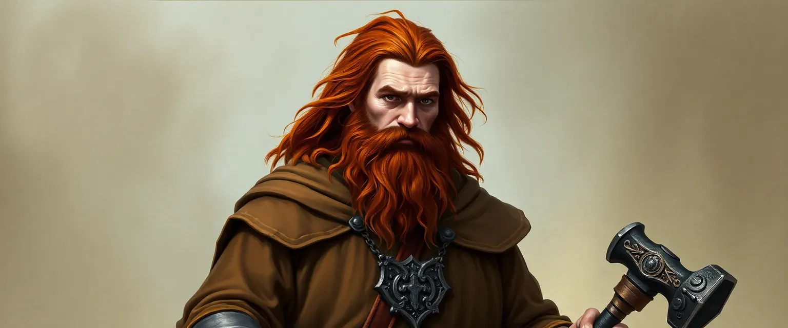 55-year-old dwarven cleric with dark copper hair and beard, wearing a brown robe with Moradin's symbol, holding a mace and blacksmith's hammer.