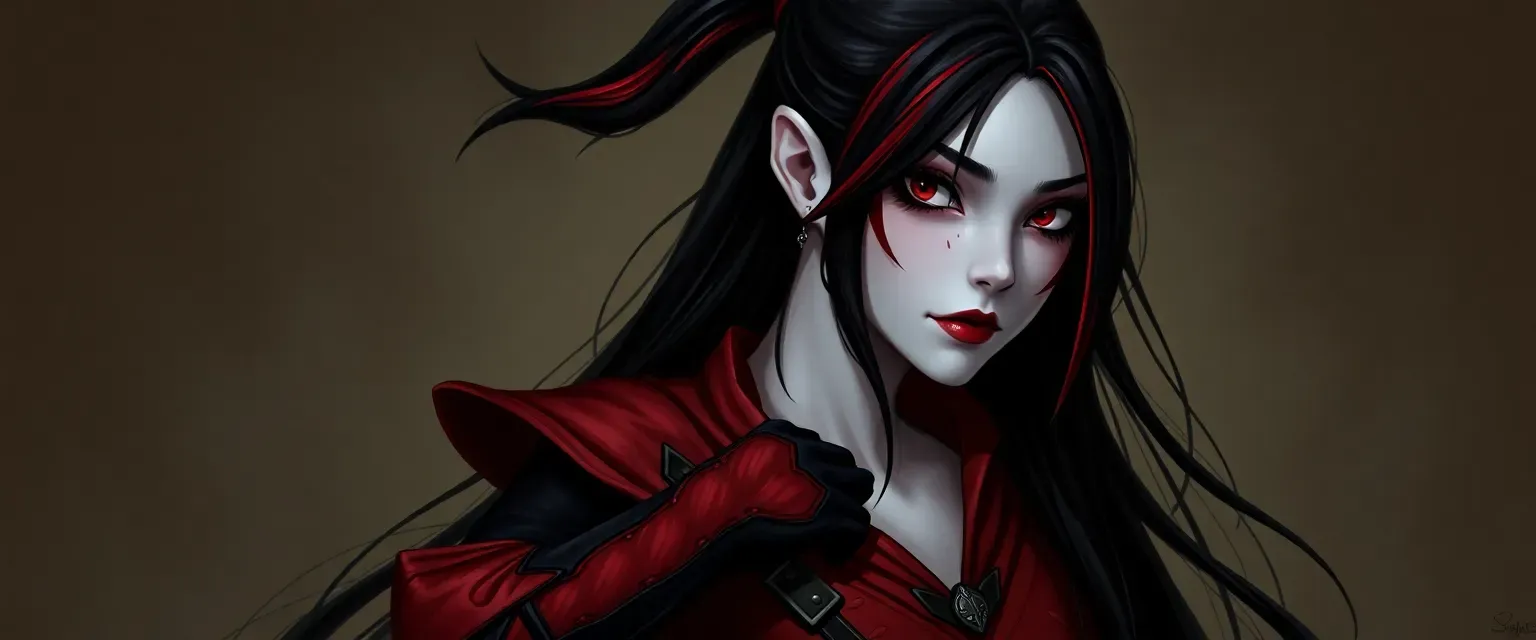 Pale Dhampir with long black hair, red streaks, half-up ponytail, red and black outfit, long gloves, burn scars on face and body.