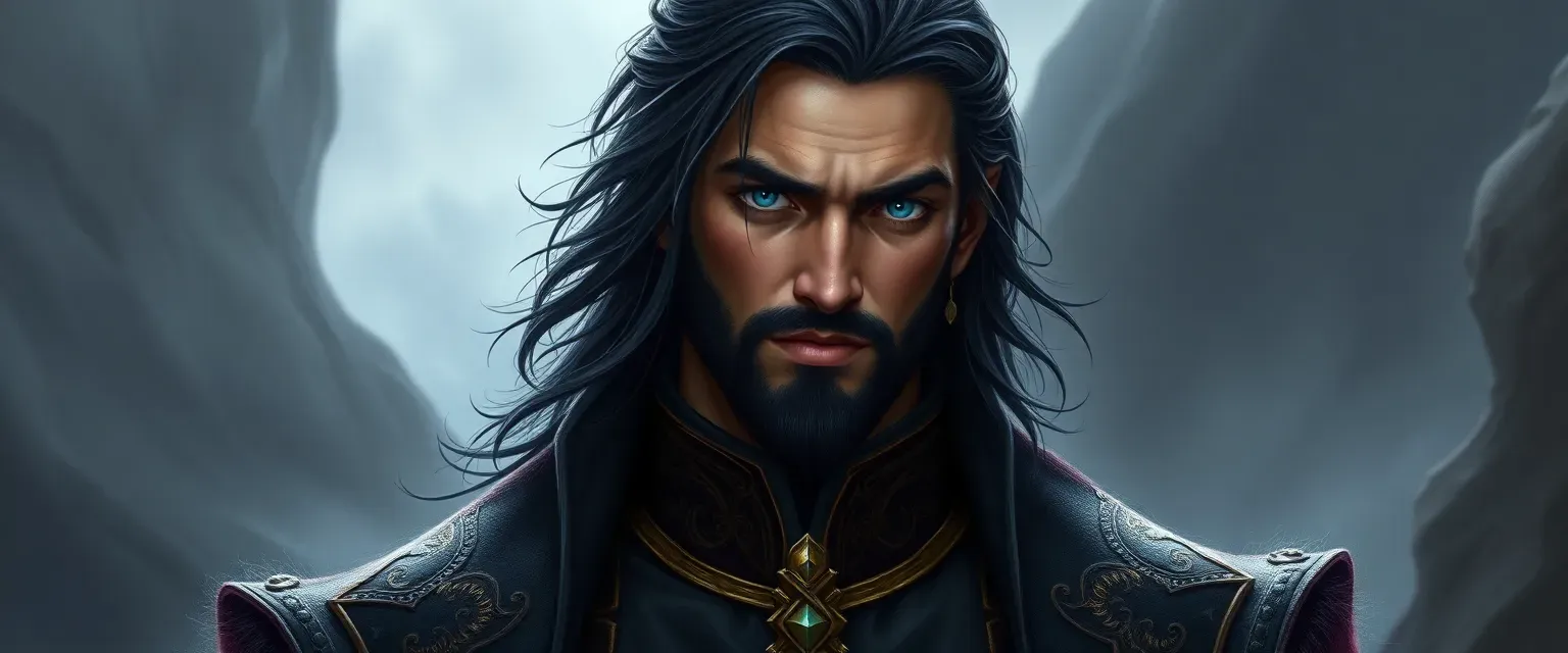 Tall, dark-haired man with piercing blue eyes, wearing opulent yet practical noble attire.
